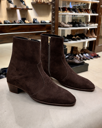 High-top Dark Brown Suede Boots With Cuban Heel