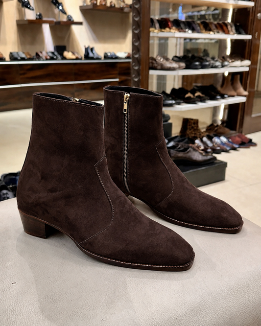 High-top Dark Brown Suede Boots With Cuban Heel