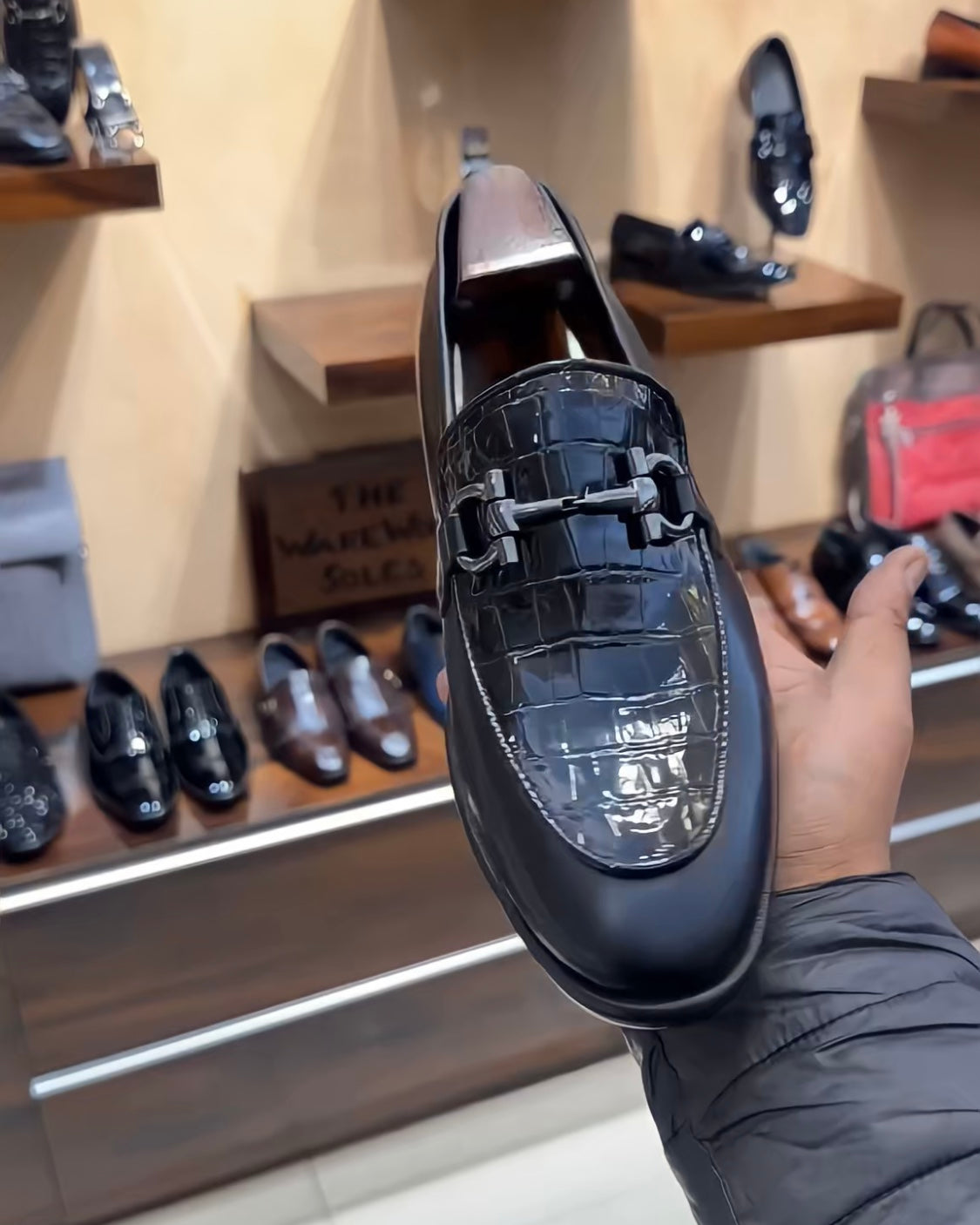 Matt Black Patent Croc Scaled Loafers with Silver Buckle