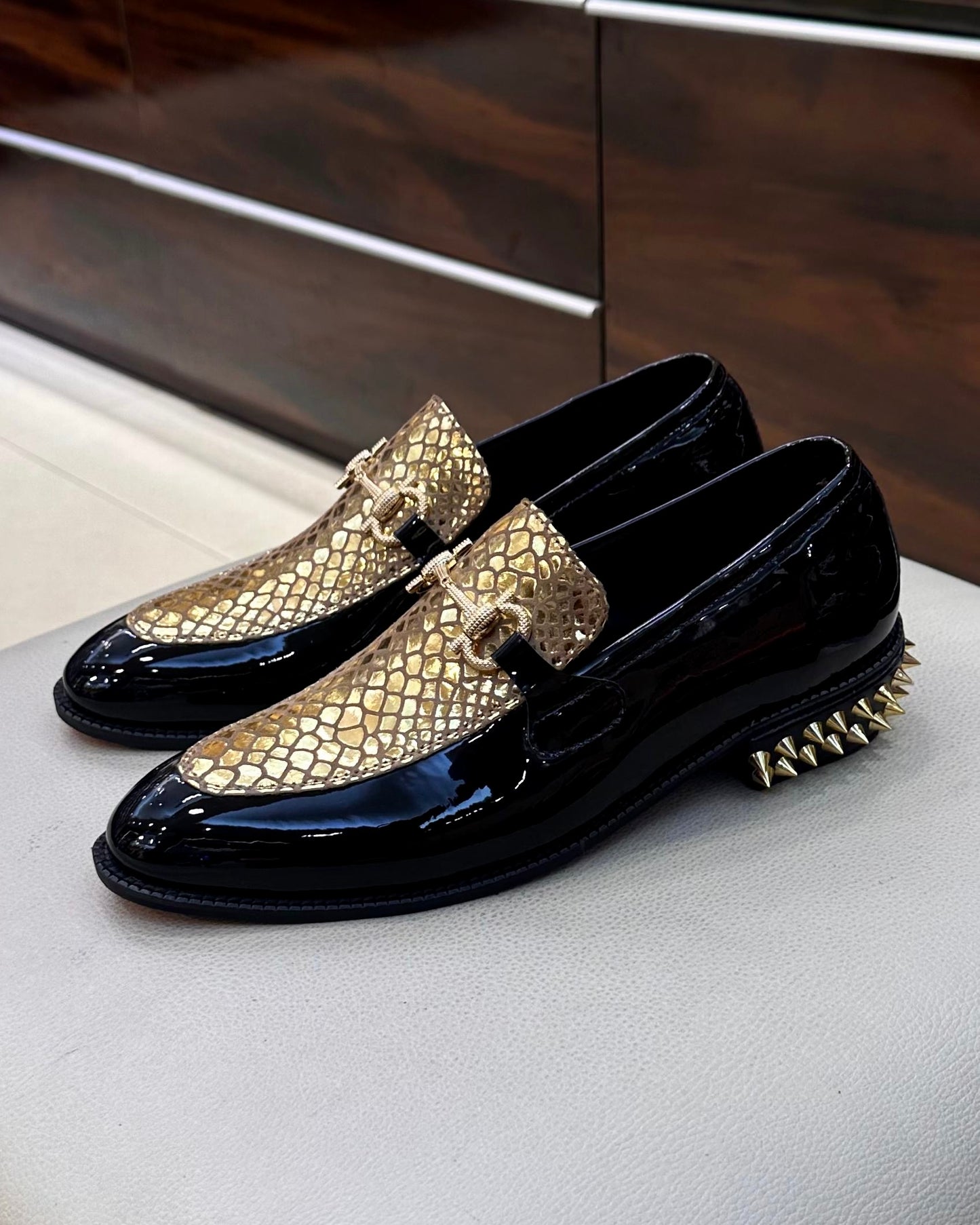 Black Patent & Gold Snake Foil Studded Heel Loafers