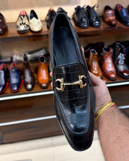 Black Croco Gold Horsebit Square Toe Loafers