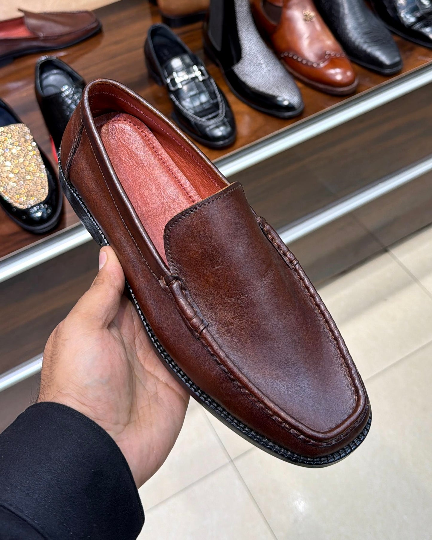 Classic Brown Hand-Stitched Apron Square-Toe Moccasins