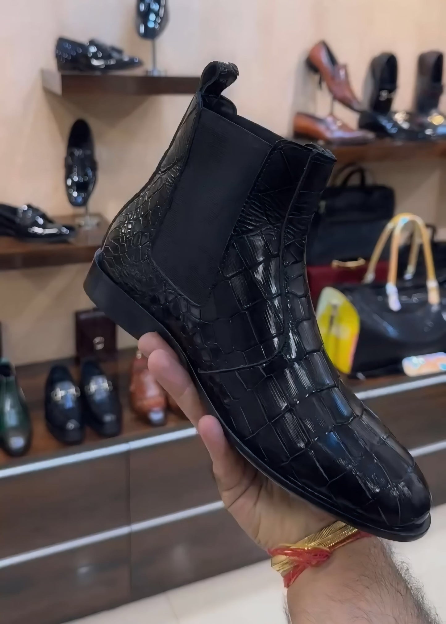 Mirror Gloss Black Crocodile Scaled Chelsea Boots