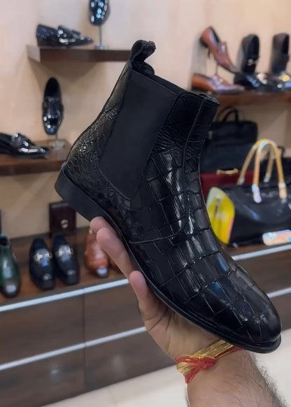 Mirror Gloss Black Crocodile Scaled Chelsea Boots
