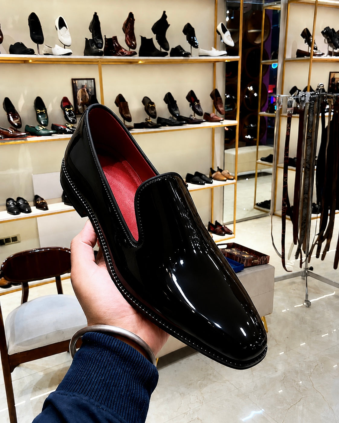 Black Patent Leather Venetian Loafers With Red Interior