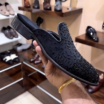 Black Suede Embroidery Mules
