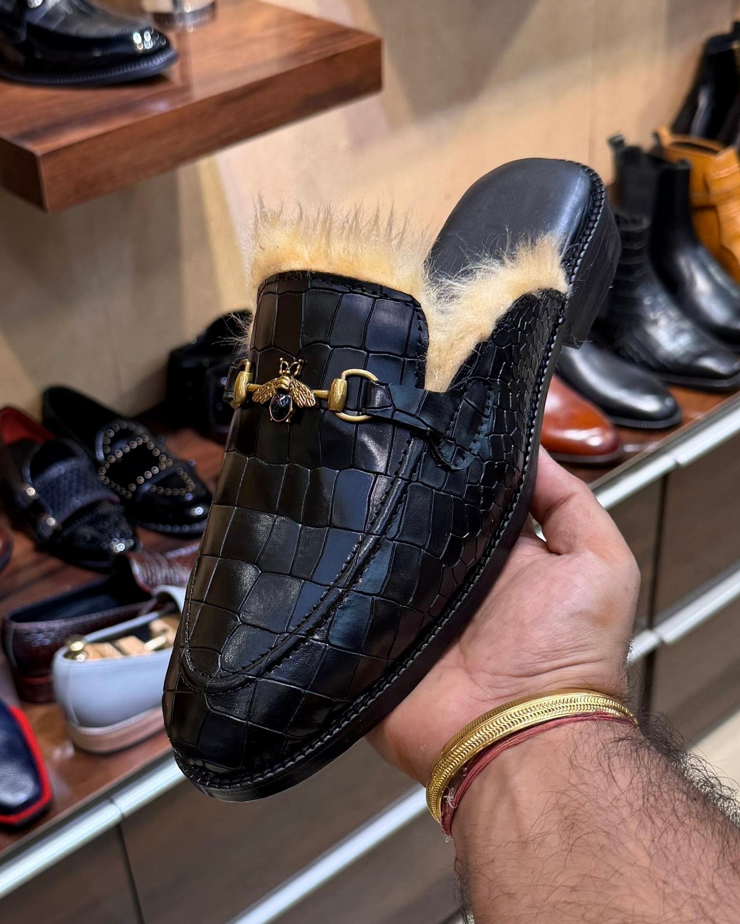 Black Crocodile Horsebit Fur Mules