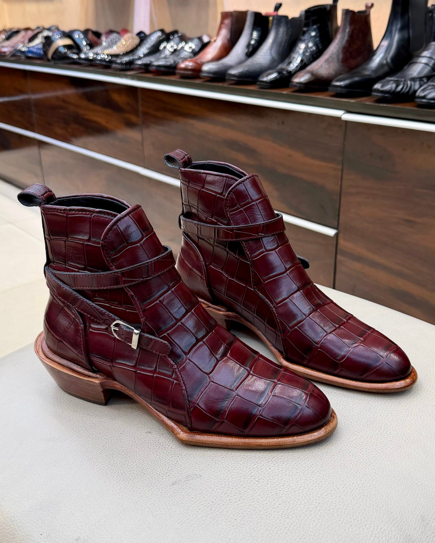 Burgundy Crocodile Scaled Jodhpur Boots with Cuban Heel