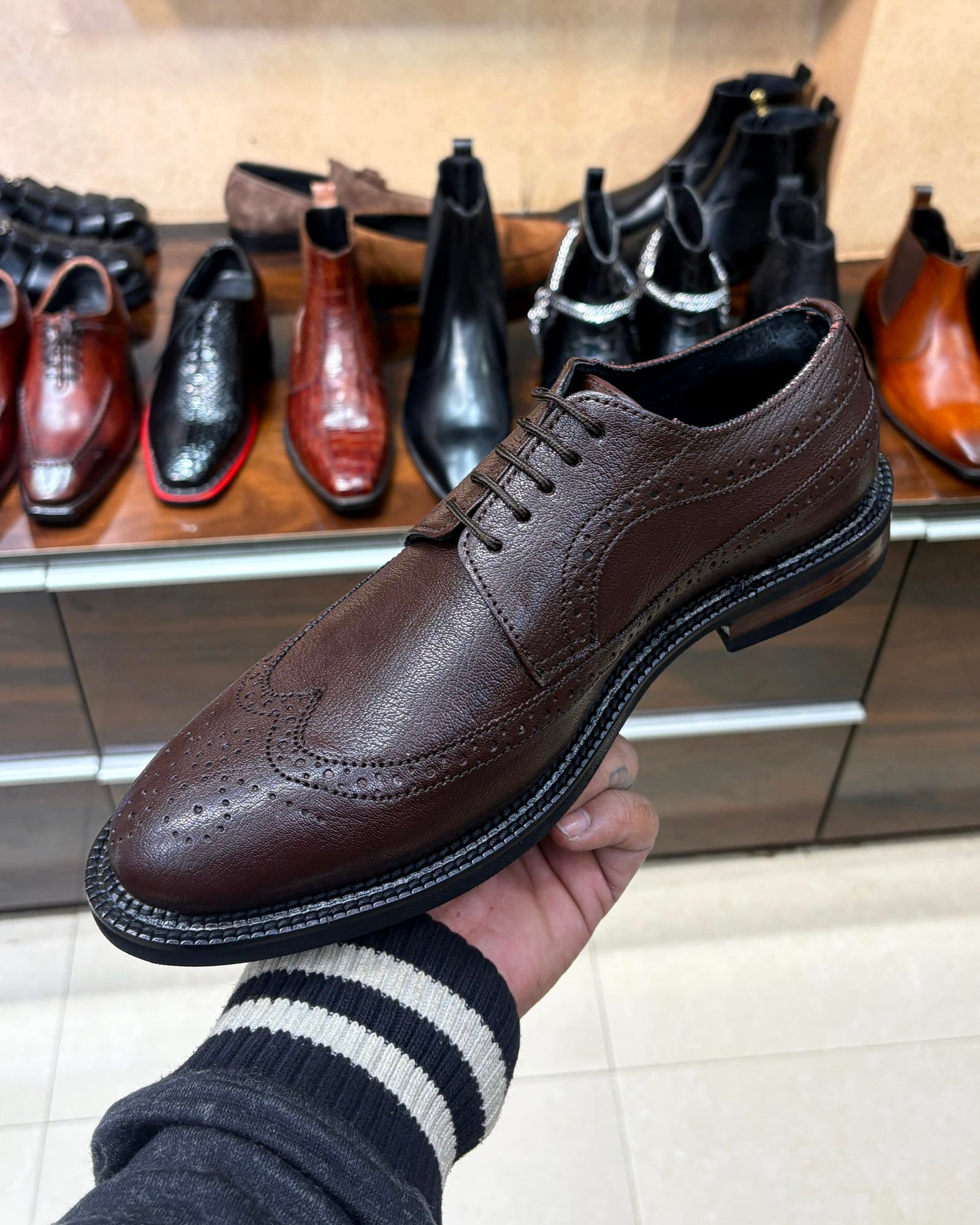 Brown Longwing Derby Shoes with Brown Wood-Finish Heel and Dainite Sole