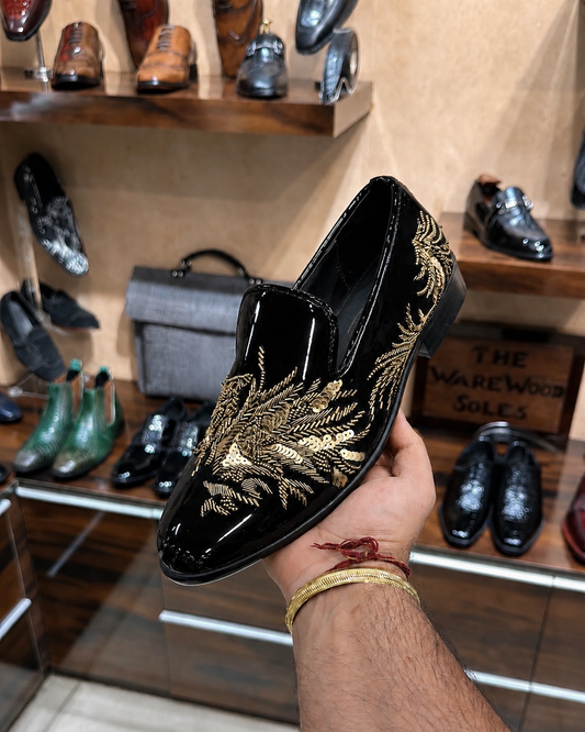 Black Patent Leather Gold Tiger Hand-embroidered Loafers