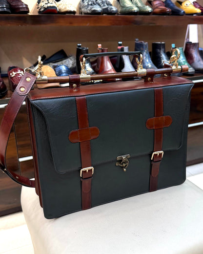 Signature Tan & Olive Green Laptop Bag with Brass Fittings