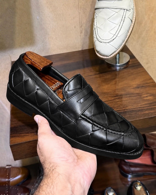 Black Braided Leather Penny Loafers