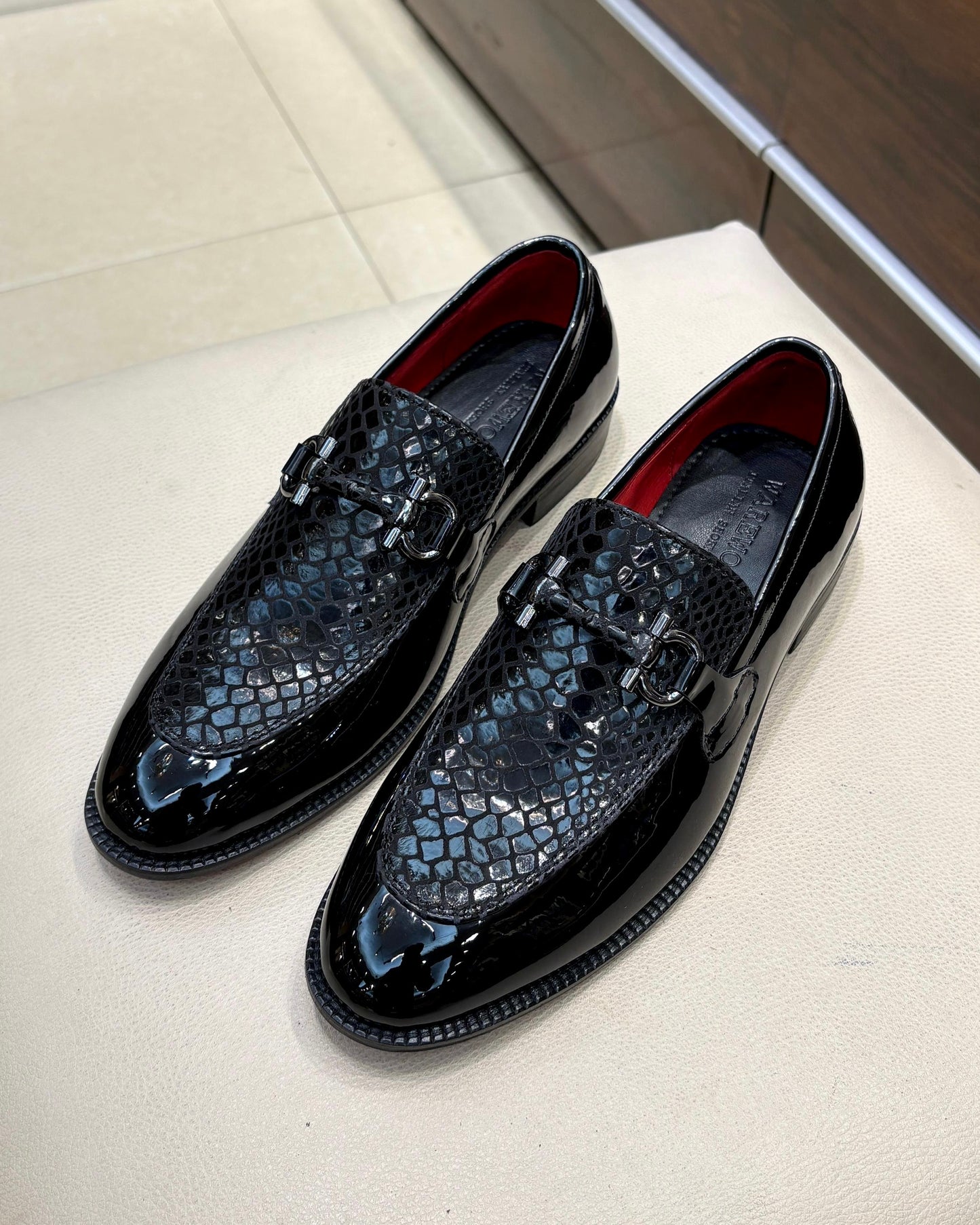 Black Patent & Snake Foil Leather Horsebit Loafers with Red Lining