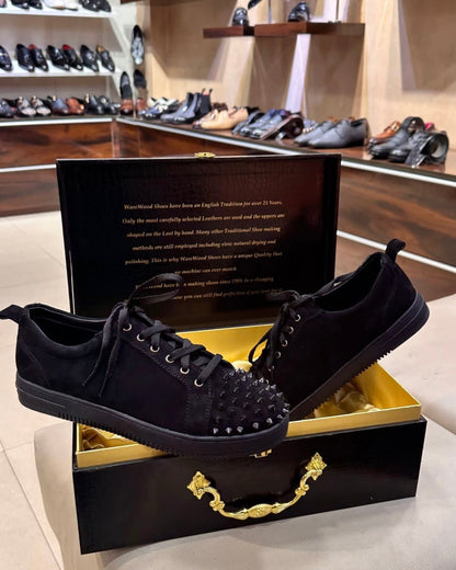 Black Suede Studded Toe Lace-up Sneakers