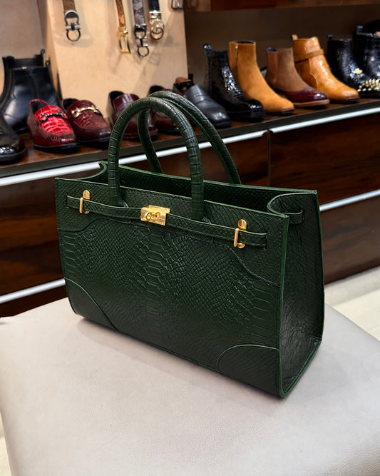 Dark Green Cobra Scaled Top Handle Handbag