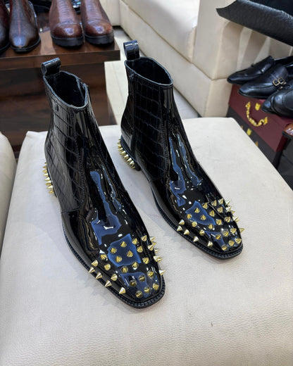 Luxe Edition Patent Croc Gold Studded Zipper Boots