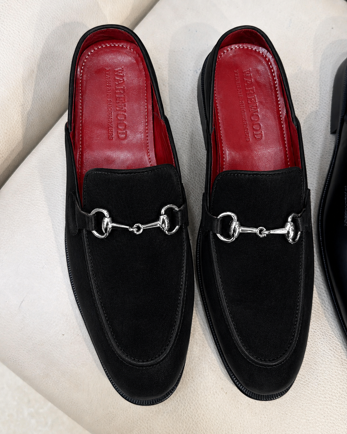 Black Suede Mules With Silver Horsebit And Red Interior