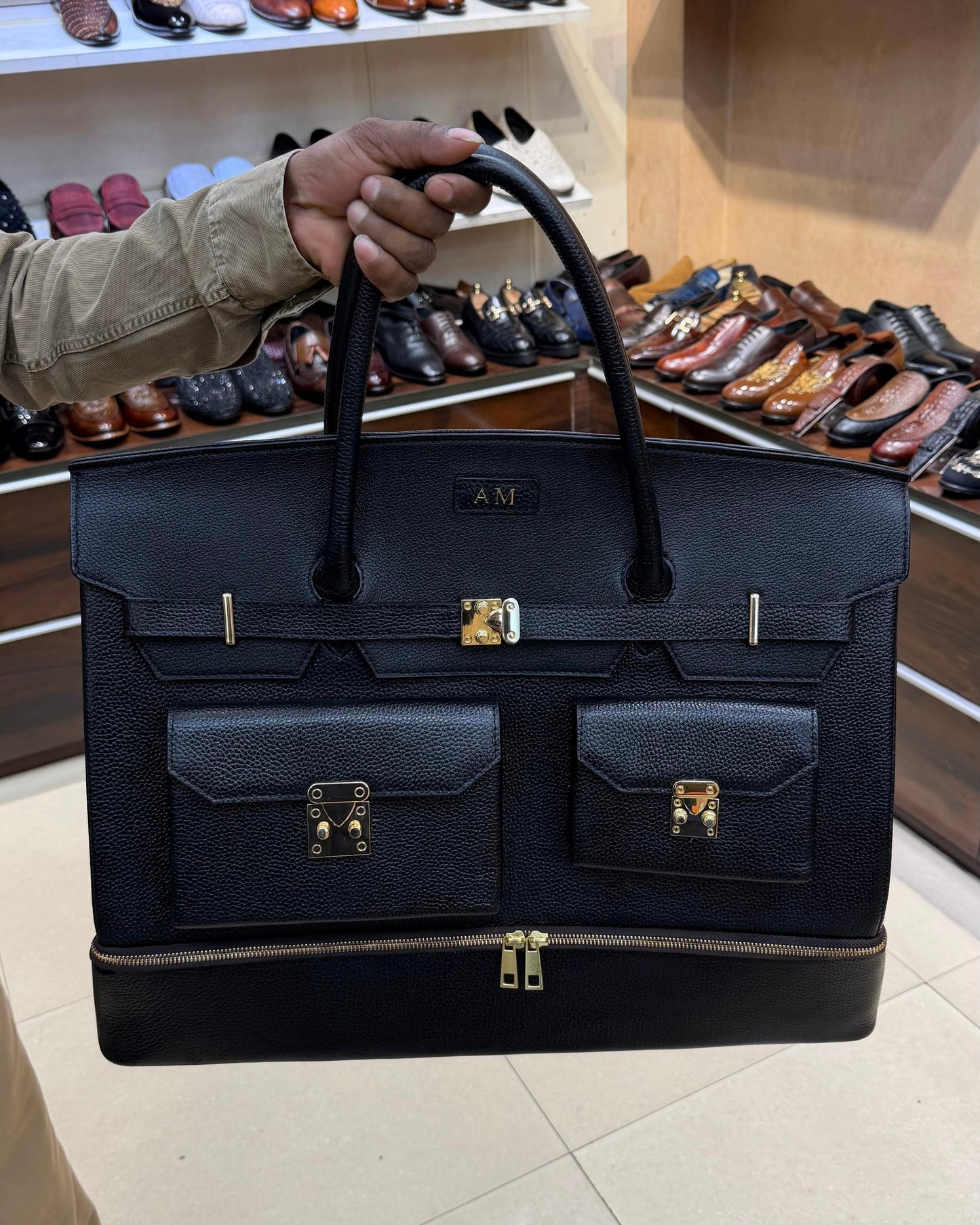 Black Full Grain Leather Travel Bag With Bottom Shoe Compartment