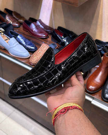 Black Patent Croco Belgian Loafers With Red Interior