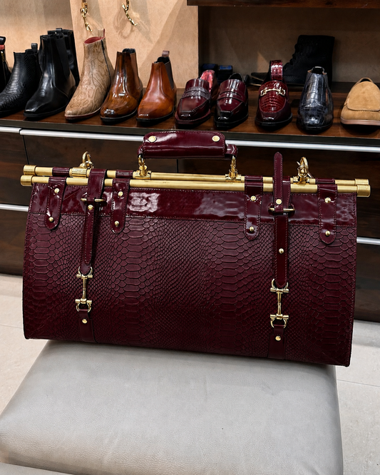 Deep Burgundy Cobra Scaled Duffle Bag with Gold Pipe