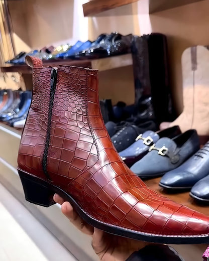 Italian Croc Cowboy Boots with Cuban Heel in Tan Shade