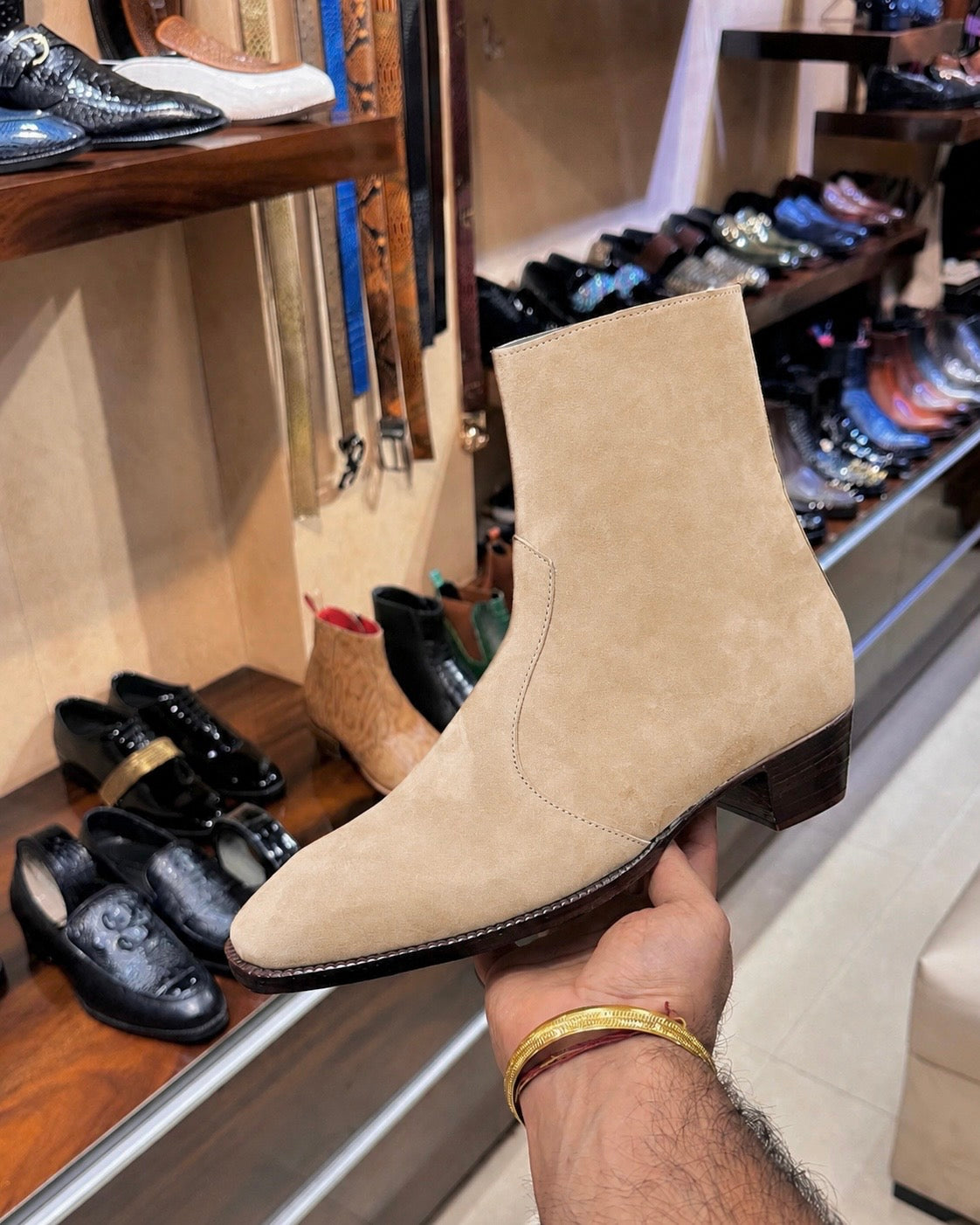High-top Beige Suede Boots With Cuban Heel