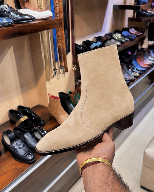 High-top Beige Suede Boots With Cuban Heel