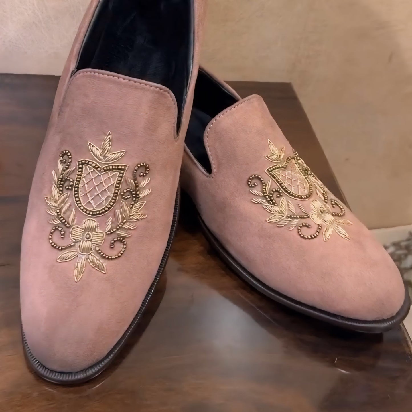 Baby Pink Suede Embroidered Wood Sole Slip-ons