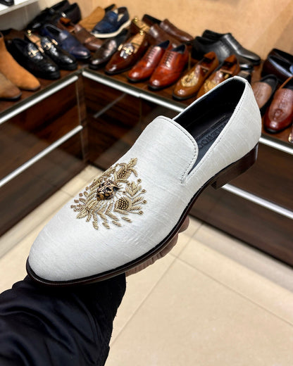 White Raw Silk Hand-embroidered Loafers