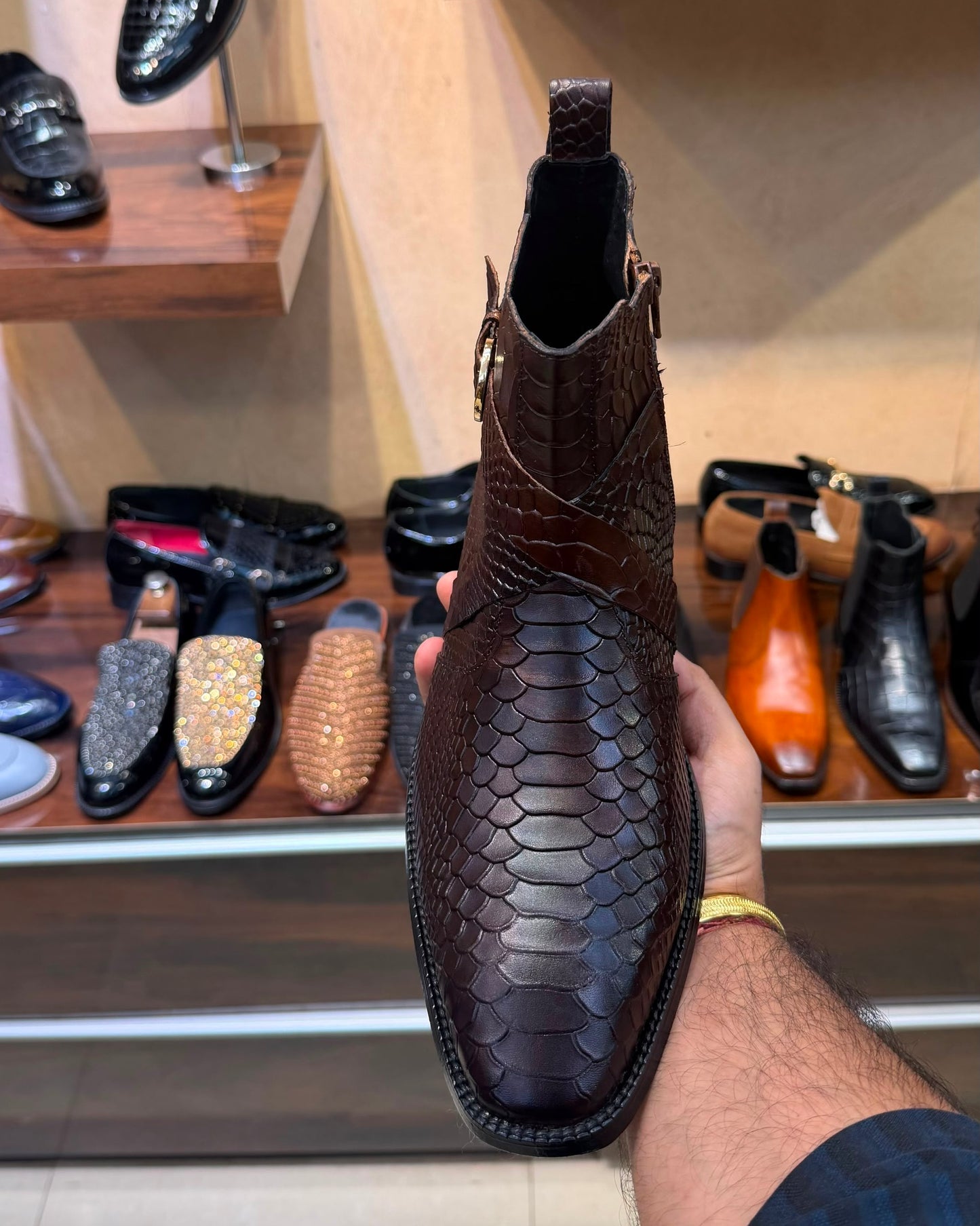 Dark Brown Cobra Scaled Zip Boots With 1.5 Inch Heel