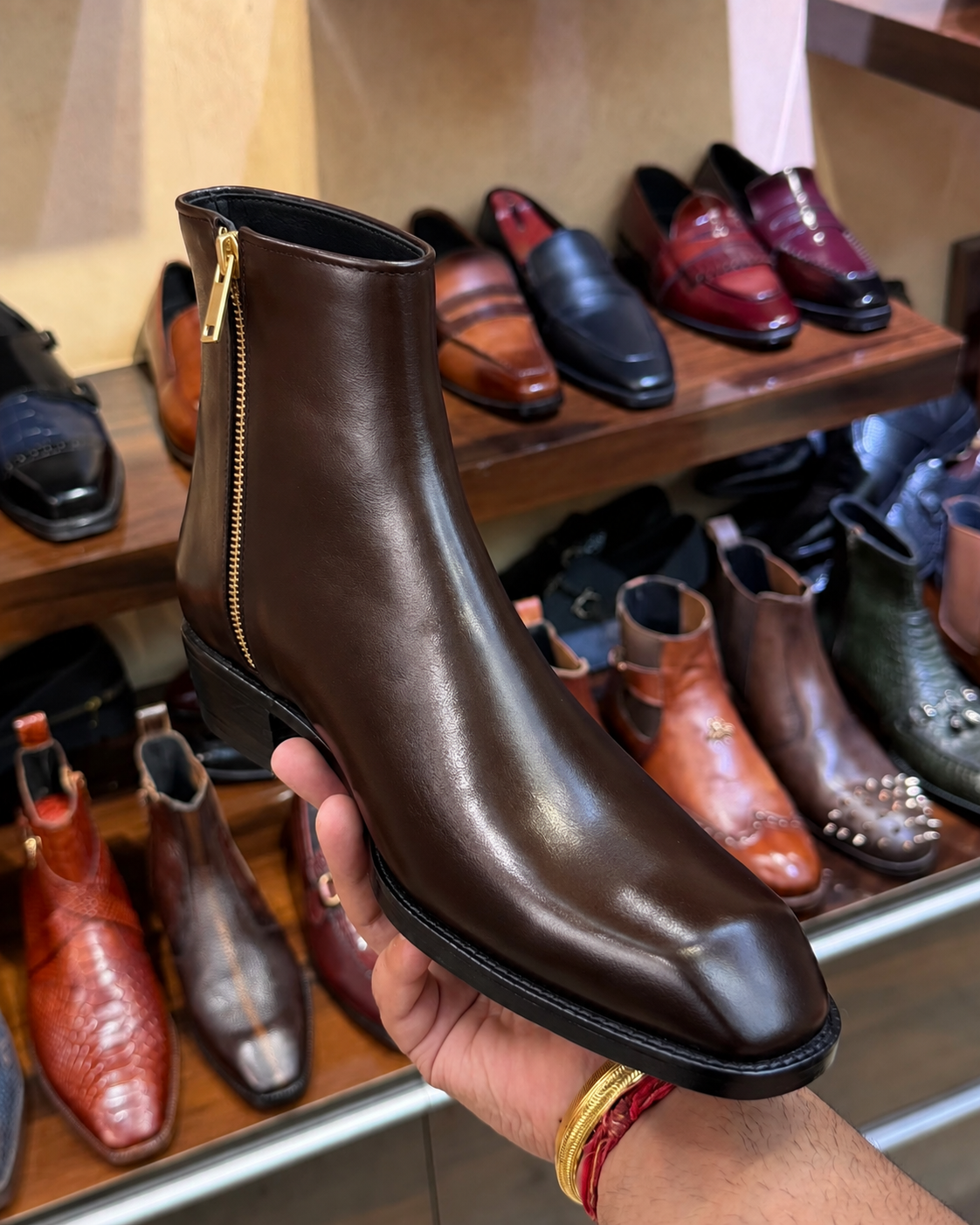 High-top Dark Brown Calfskin Leather Boots With Cuban Heel