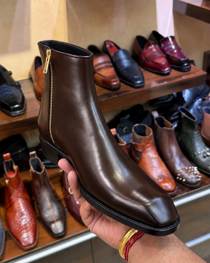 High-top Dark Brown Calfskin Leather Boots With Cuban Heel