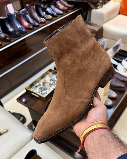 Desert Tan Suede Zip Boots with Brown Sole