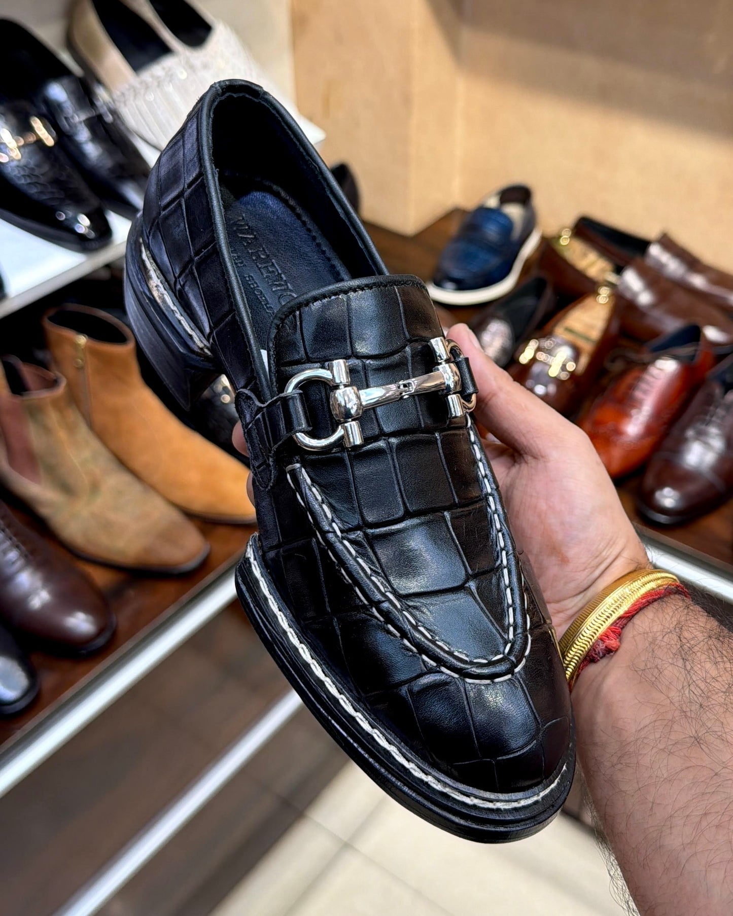 Black Deep-cut Croco Apple Cut Horsebit Loafers