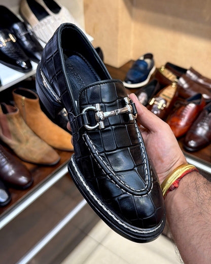 Black Deep-cut Croco Apple Cut Horsebit Loafers