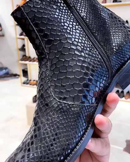 Black Signature Snake Foil Zipper Boots
