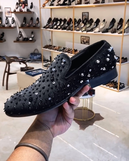 Black Velvet Studded Slip-ons