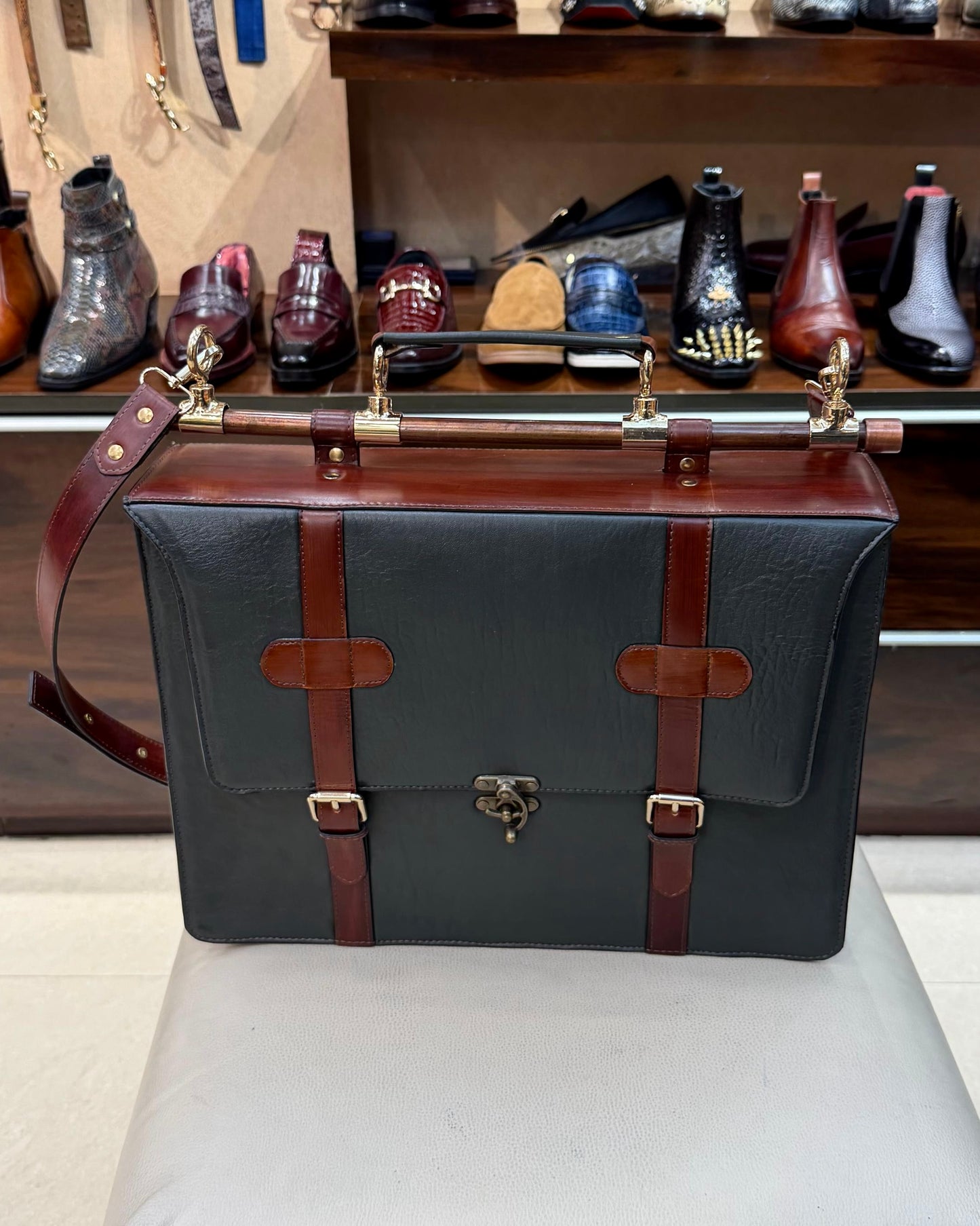 Signature Tan & Olive Green Laptop Bag with Brass Fittings