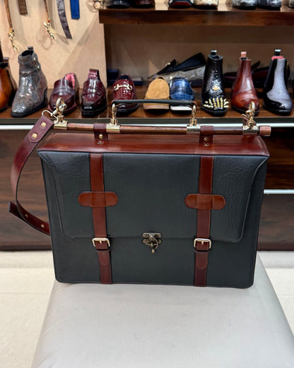Signature Tan & Olive Green Laptop Bag with Brass Fittings