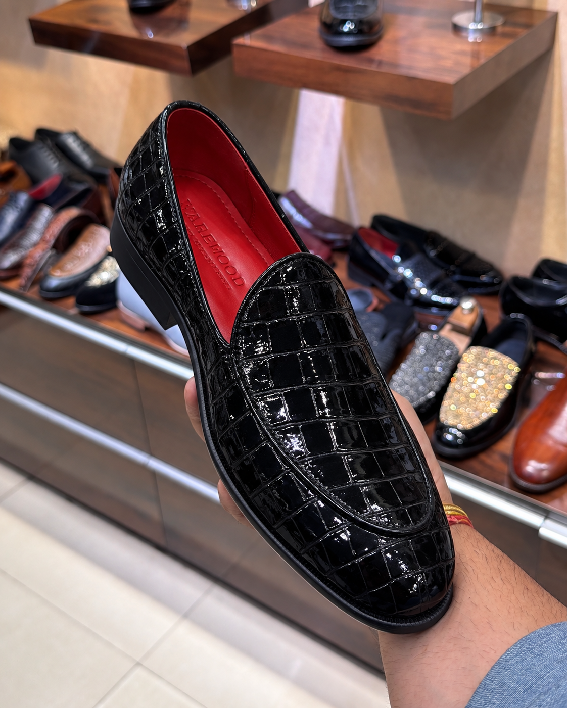 Black Patent Croco Belgian Loafers With Red Interior