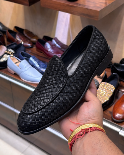 Black Hand-woven Leather Belgian Loafers
