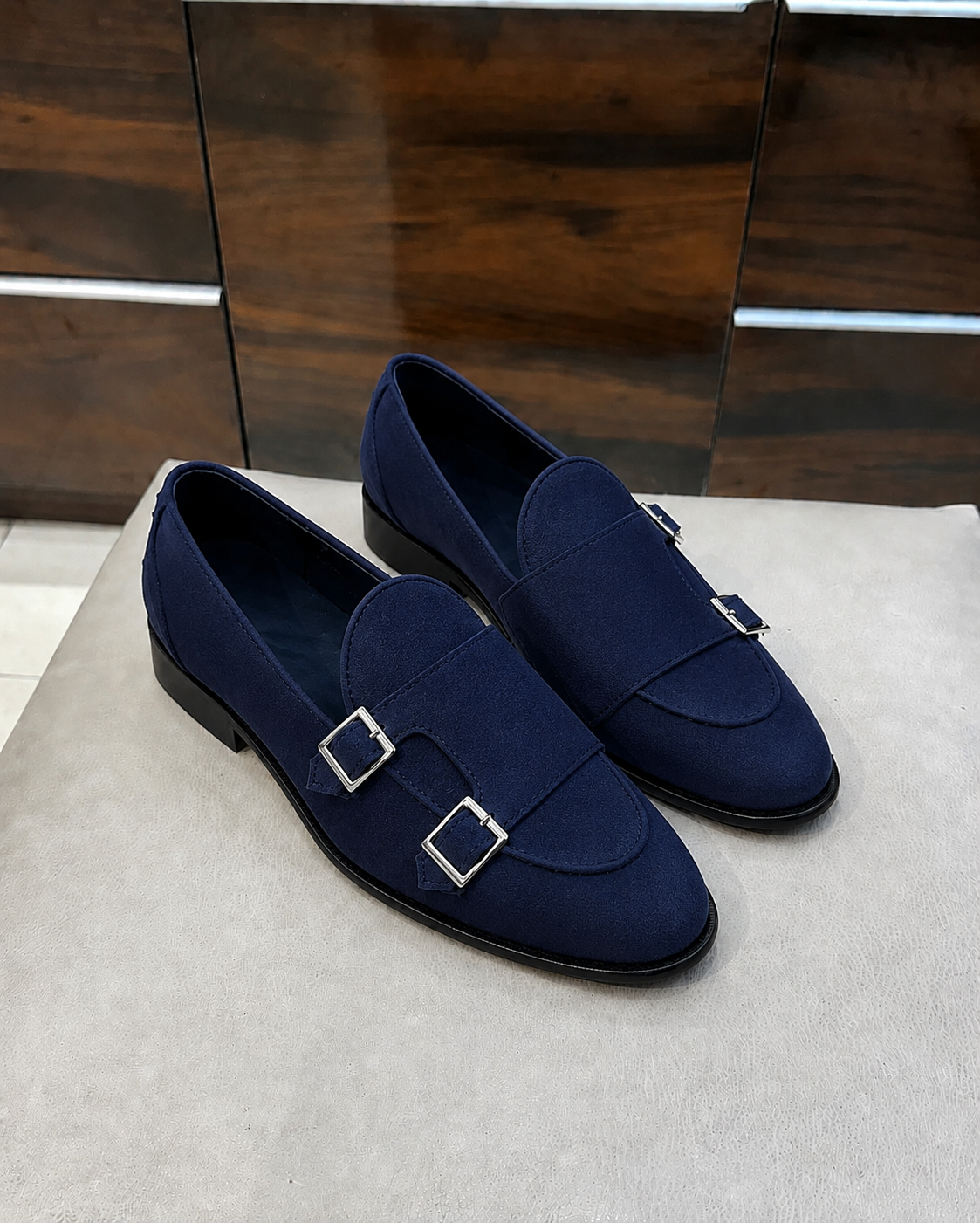 Navy Blue Suede Double Monk Strap Loafers