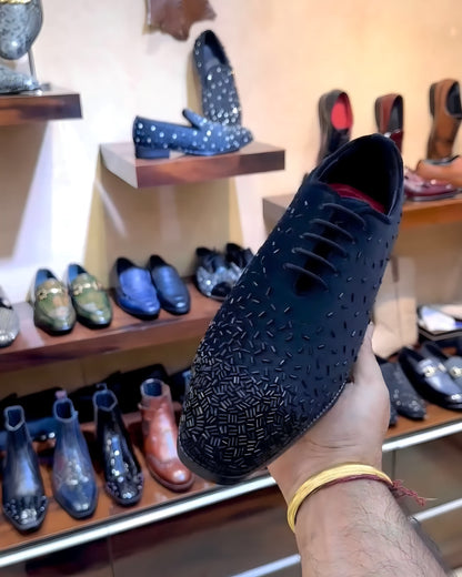 The Signature Tuxedo Oxfords in Navy Blue Suede