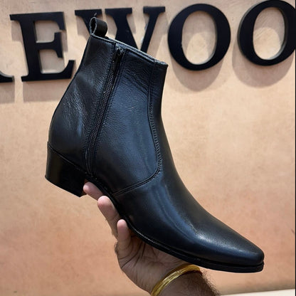 Black Calf Skin Leather Zipper Boots