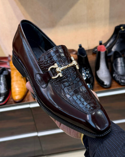 Espresso Brown Croco Gold Horsebit Loafers