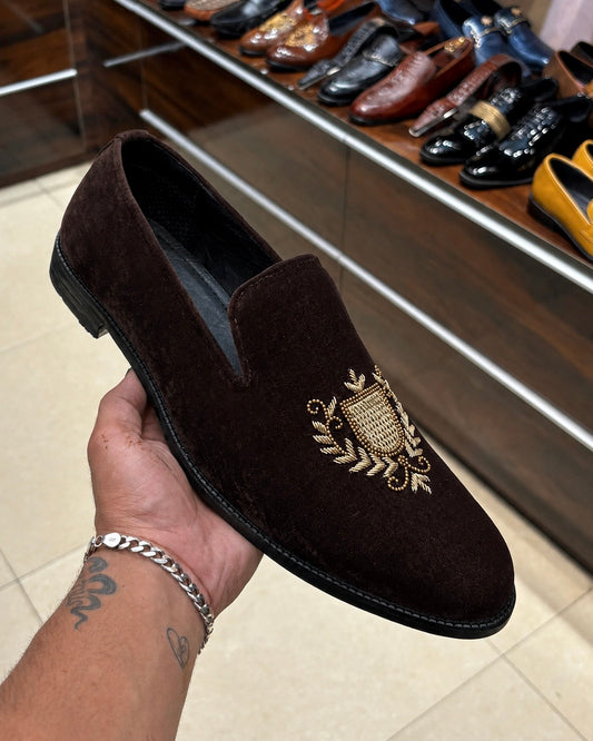Dark Brown Velvet Gold Hand-embroidered Loafers