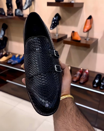Raven Black Cobra Scaled Double Monk Moccasins