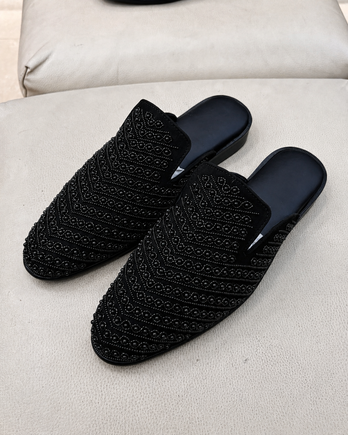 Black Suede Hand-embroidered Mules