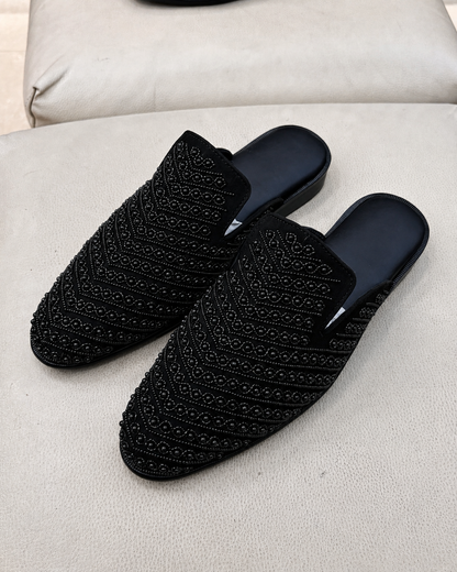 Black Suede Hand-embroidered Mules