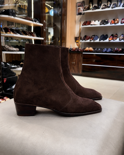 High-top Dark Brown Suede Boots With Cuban Heel